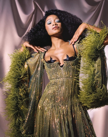 Green Gucci gown with a Cosabella bra worn by Keke Palmer