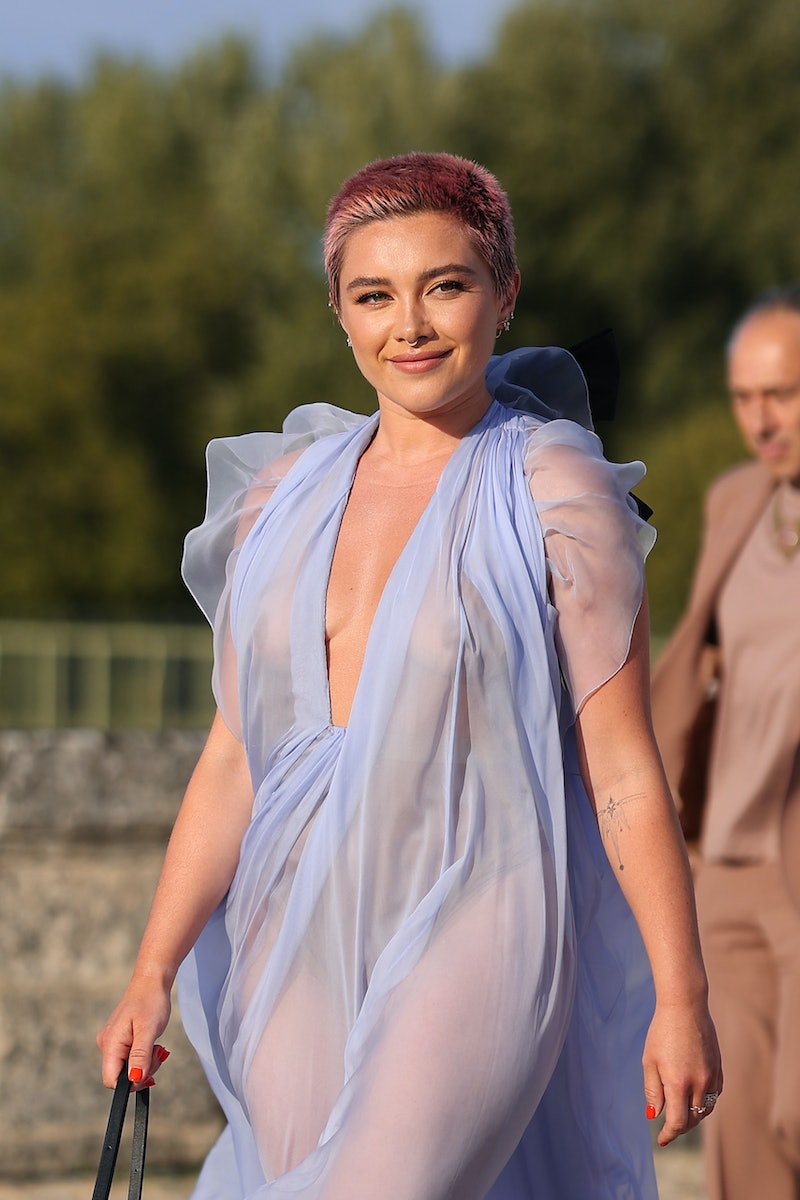 Florence Pugh wears a sheer lilac dress to attend the Valentino Haute Couture Fall/Winter 2023/2024 ...