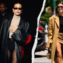 hailey bieber quiet luxury outfits camel jacket leather no-pants look
