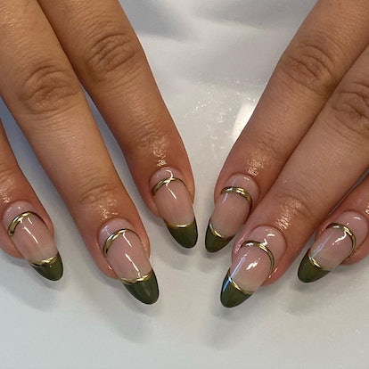 Olive green nail art inspired by dirty martinis that match the 3D chrome nail art trend.