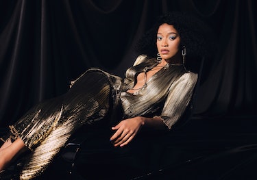 Keke Palmer in a shiny set of Altuzarra top and skirt and Uncommon Matters earrings